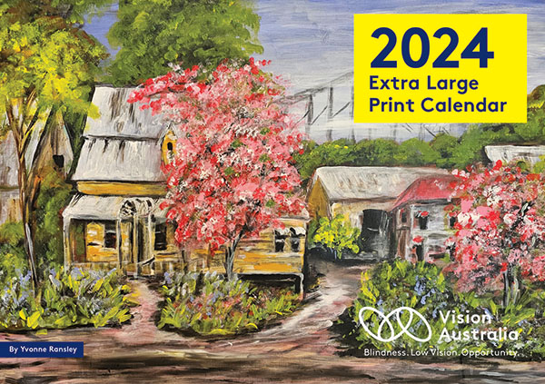 Cover of the 2024 extra large print calendar with artwork painting of an old house surrounded by pink blossoming gardens
